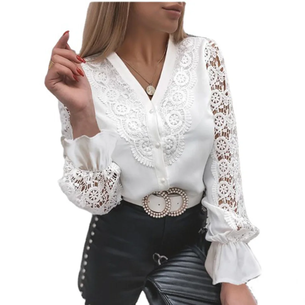 Vrouwen Sexy Kant Patchwork Hollow Out Shirt Lange Mouwen Ronde Hals Button Mesh Ontwerp Blouse Lente Mode Witte Vintage Shirts