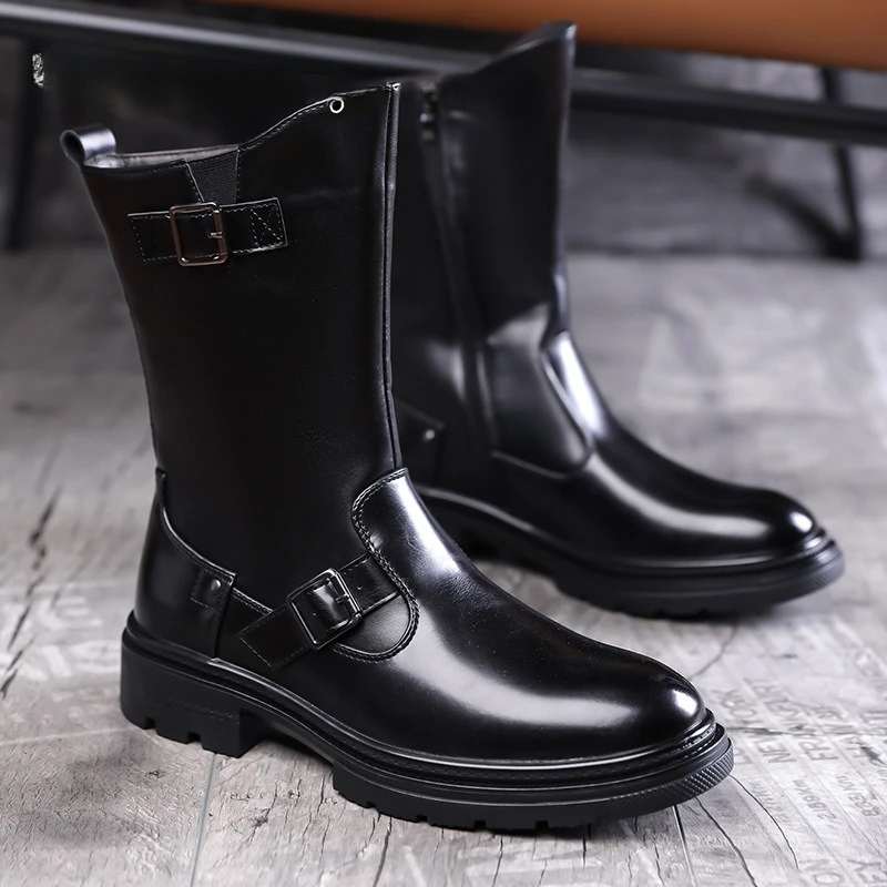 

2026Men's Boots High Quality Patent Leather Mid-calf Boots Fashion Motorcycle Boots Men's High-top Knight Boot Botas Para Hombre