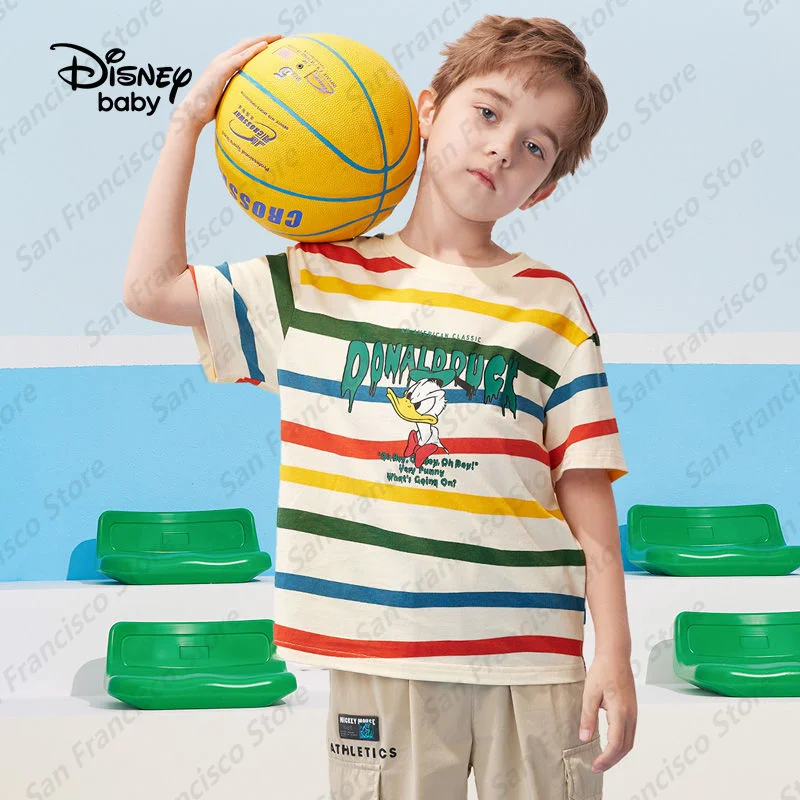 Summer New Boy&Girl Disney Donald Duck Cartoon Color Striped Outdoor Sports Leisure T-Shirt KID/Adult Quick-Drying Half Sleeves