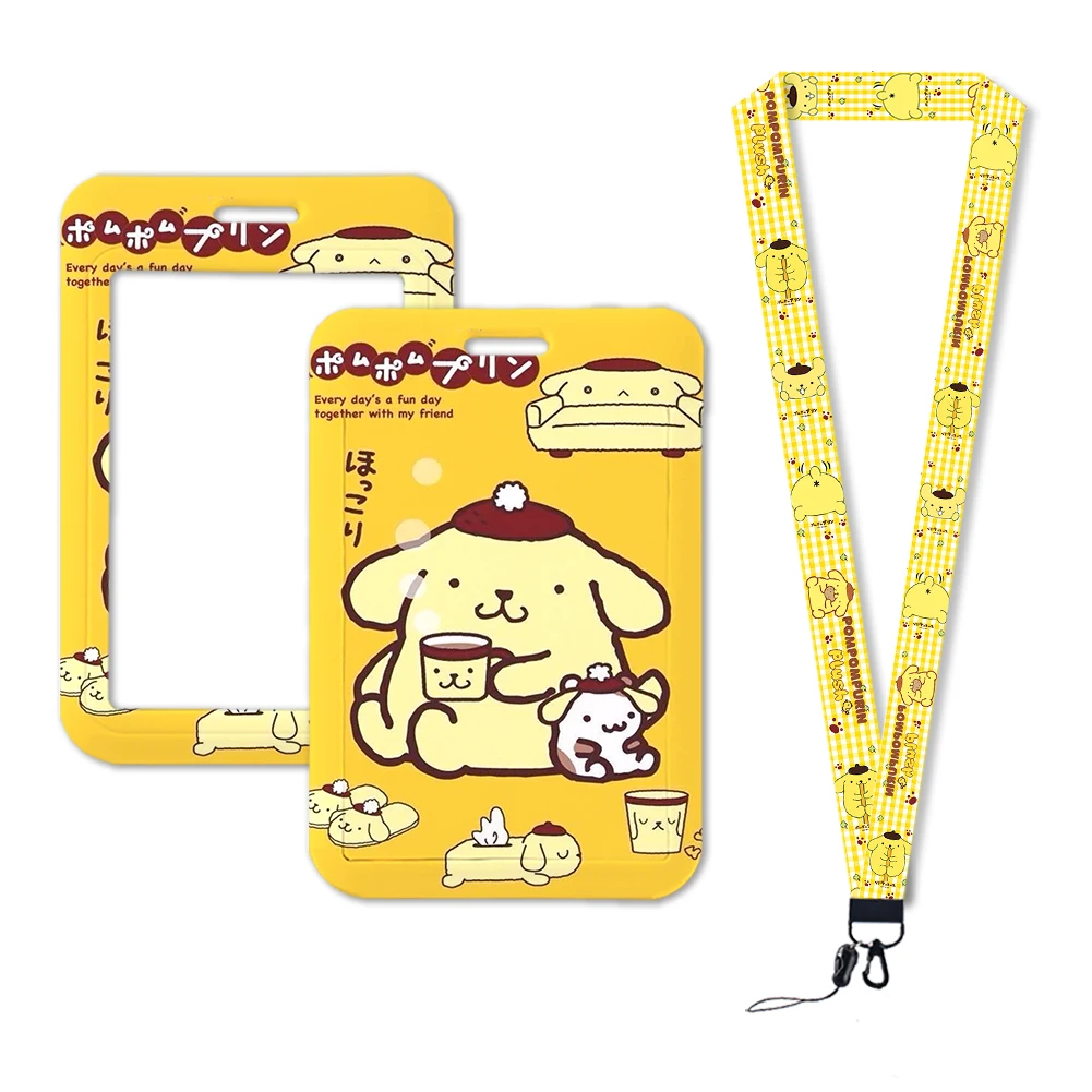 Sanrio Kawaii Hond Pompompurin Cartoon Bus Badge Lanyard Hang Touw Voor Kinderen Id Kaart Badge Houder Sleutelhanger Nek Riemen Geschenken