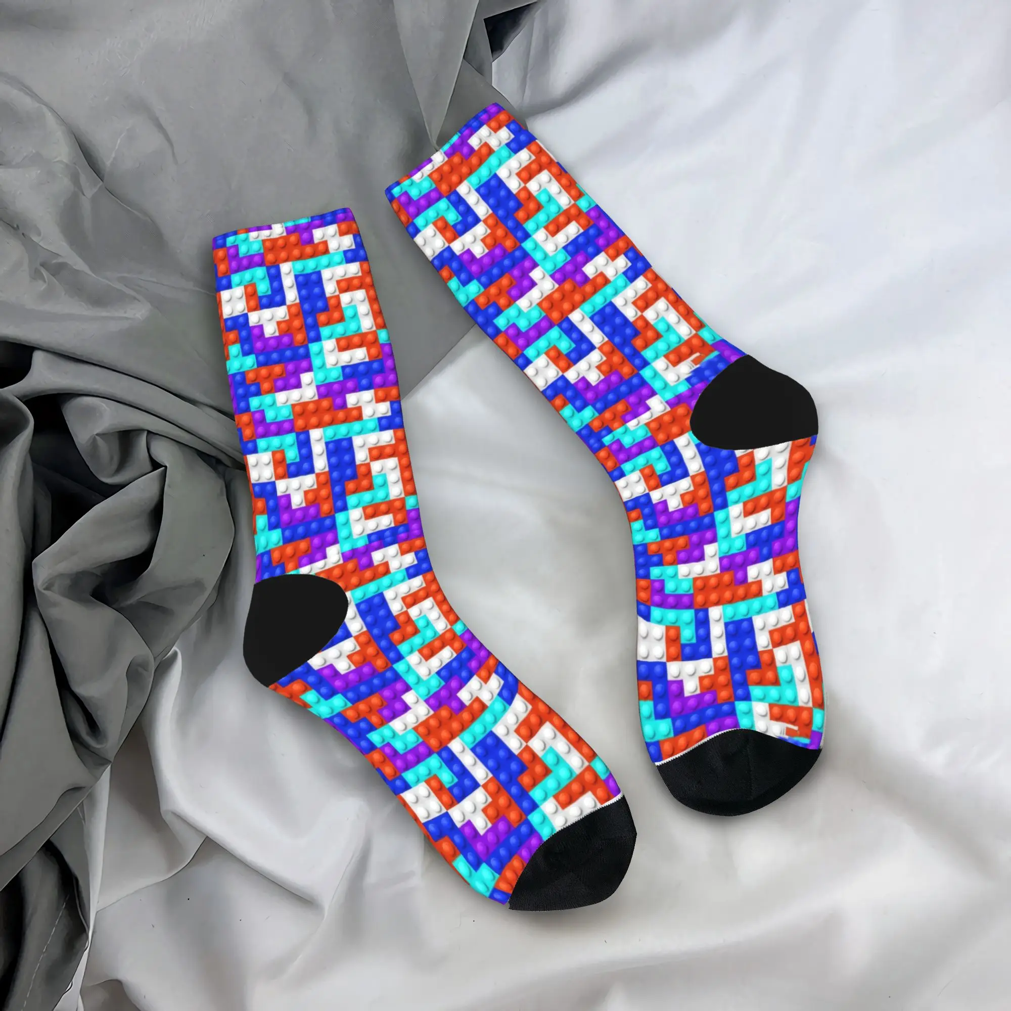 Orange Blue Purple Teal Building Blocks Pattern Stockings Funny Socks Men Soft Socks Autumn Skateboard Printed Anti Skid Socks