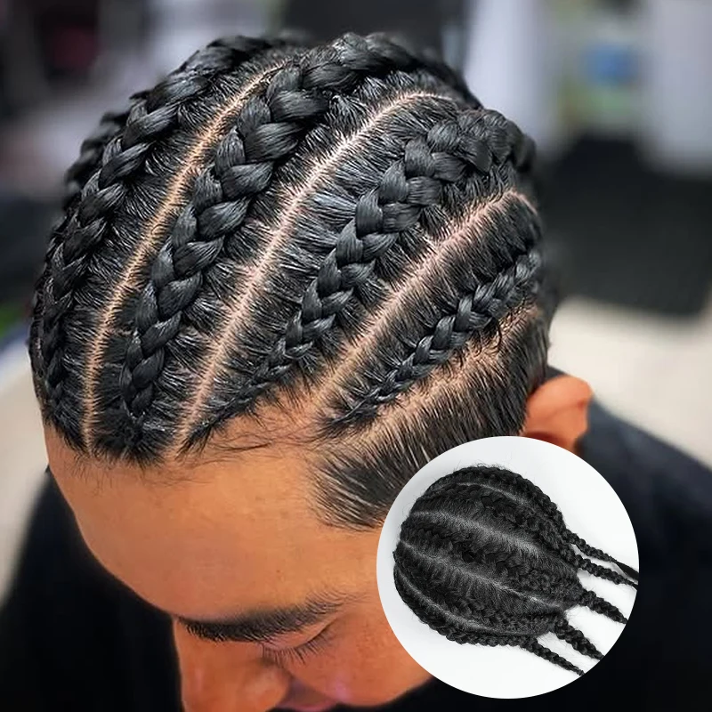 100% Human Hair Black Men Women Corn Braided Hairpiece Ultra Thin Breathable PU Capillary Prosthesis Wig Braided Hair Piece
