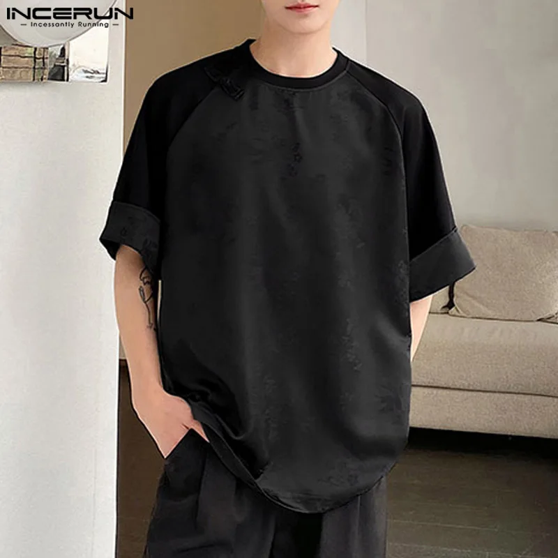 INCERUN Tops 2024 Korean Style Men Satin Jacquard Splicing T-shirts Casual Streetwear O-neck Buckle Short Sleeved Camiseta S-5XL