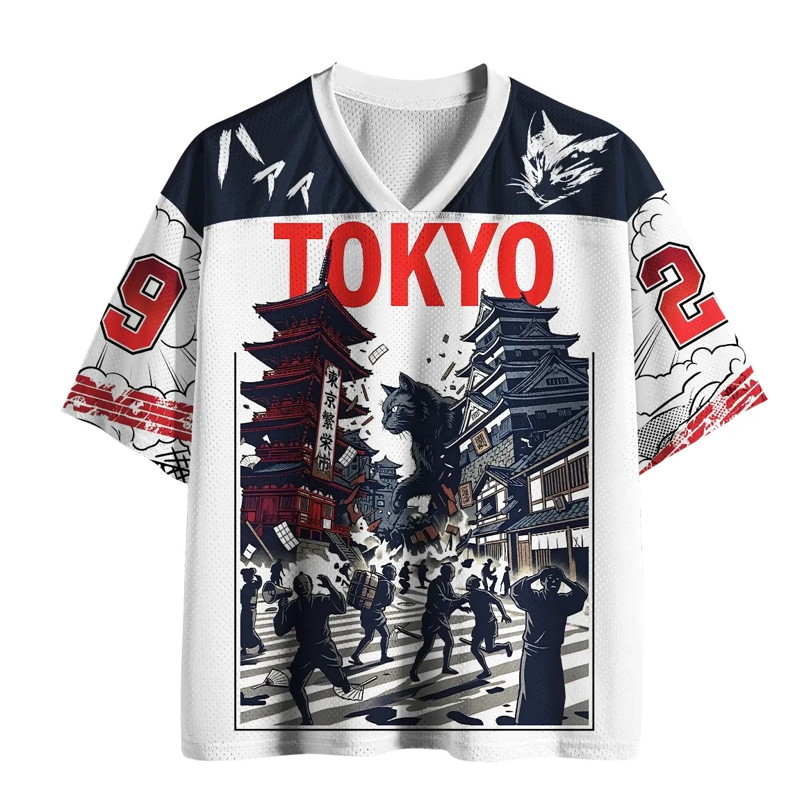 2026 Summer Fashion New Tokyo Black Cat Monster 3D Printed Loose Street Punk Outdoor Leisure Fitness V-neck T-shirt Large