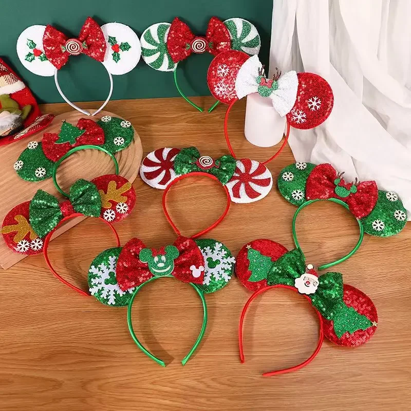 

Disney Mickey Minnie Mouse Ears Christmas Series Headhand Boys Girls Cartoon Xmas Hair Accessories Bows Hairband Holiday Gifts