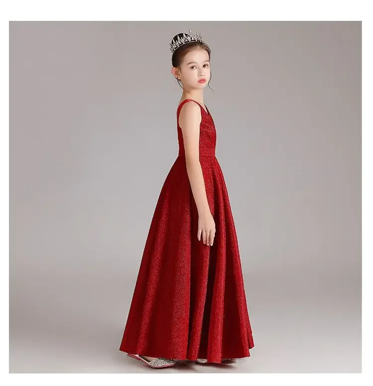 Elegant Black Blue Red Long Teen Kids Evening Gown For Girls Child Costume V neck Wedding Prom Dress 12 14 Years Party Clothes