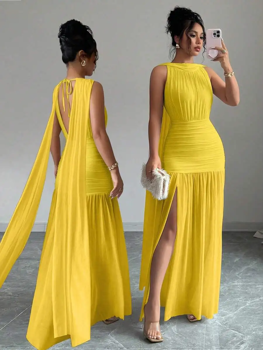 

Women's Solid Yellow Backless Pleated Maxi Dress with Side Slit and Cape Detail