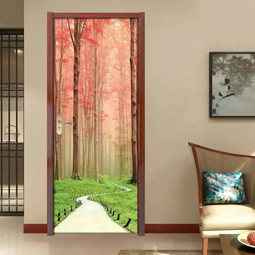 Forest Path Door Sticker Red Maple Leaf Forest Decal Removable Natural Scenery Door Mural Poster Wallpaper Home Bedroom Decor