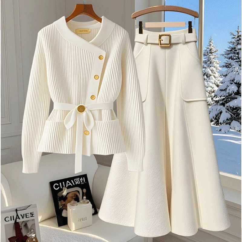 

Two Pieces Women Dress Set Y2k Matching Set O Neck Lace Up Sweater Cardigan Full Lenth A Line Pleated Skirt Casual 2025 Autumn