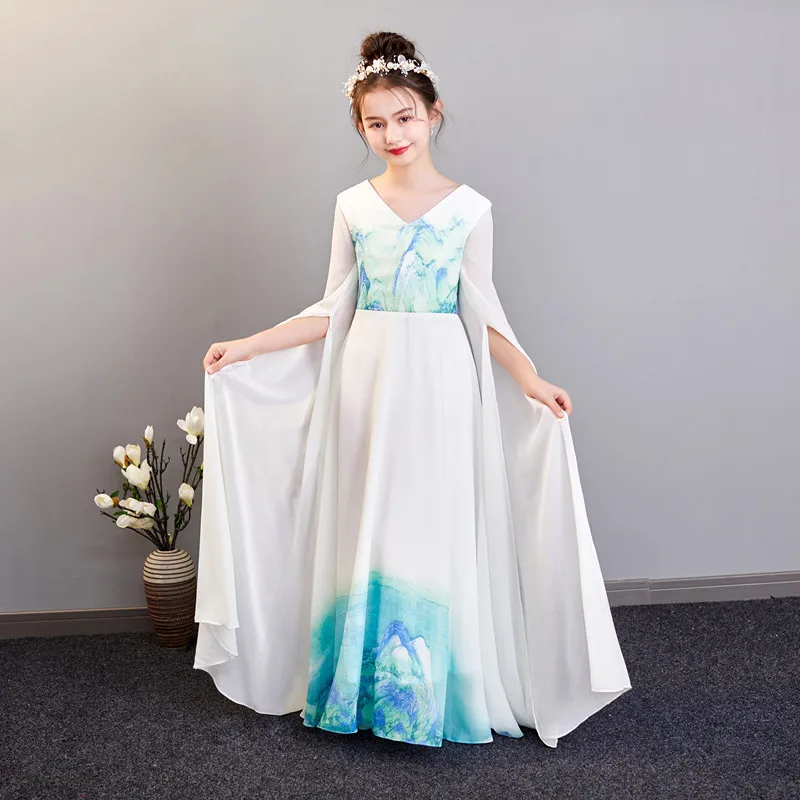 Estilo chinês decote em v branco impressão hanfu meninas traje antigo guzheng vestido de fadas cosplay palco wear