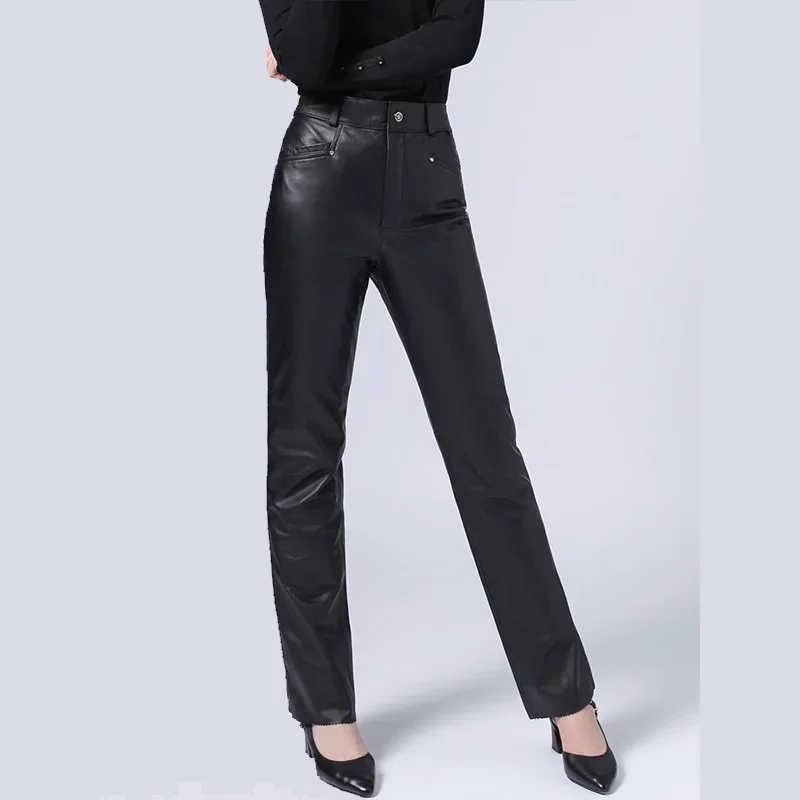 Women\'s Mid Waist Faux Leather Trousers Matte PU Casual Office  Soft Straight Leg Pants Slim Sexy Winter New 2024 custom