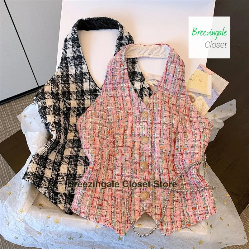 French celebrity small fragrance collar neck knitted suspender vest women's summer new backless slim high-grade short top.
