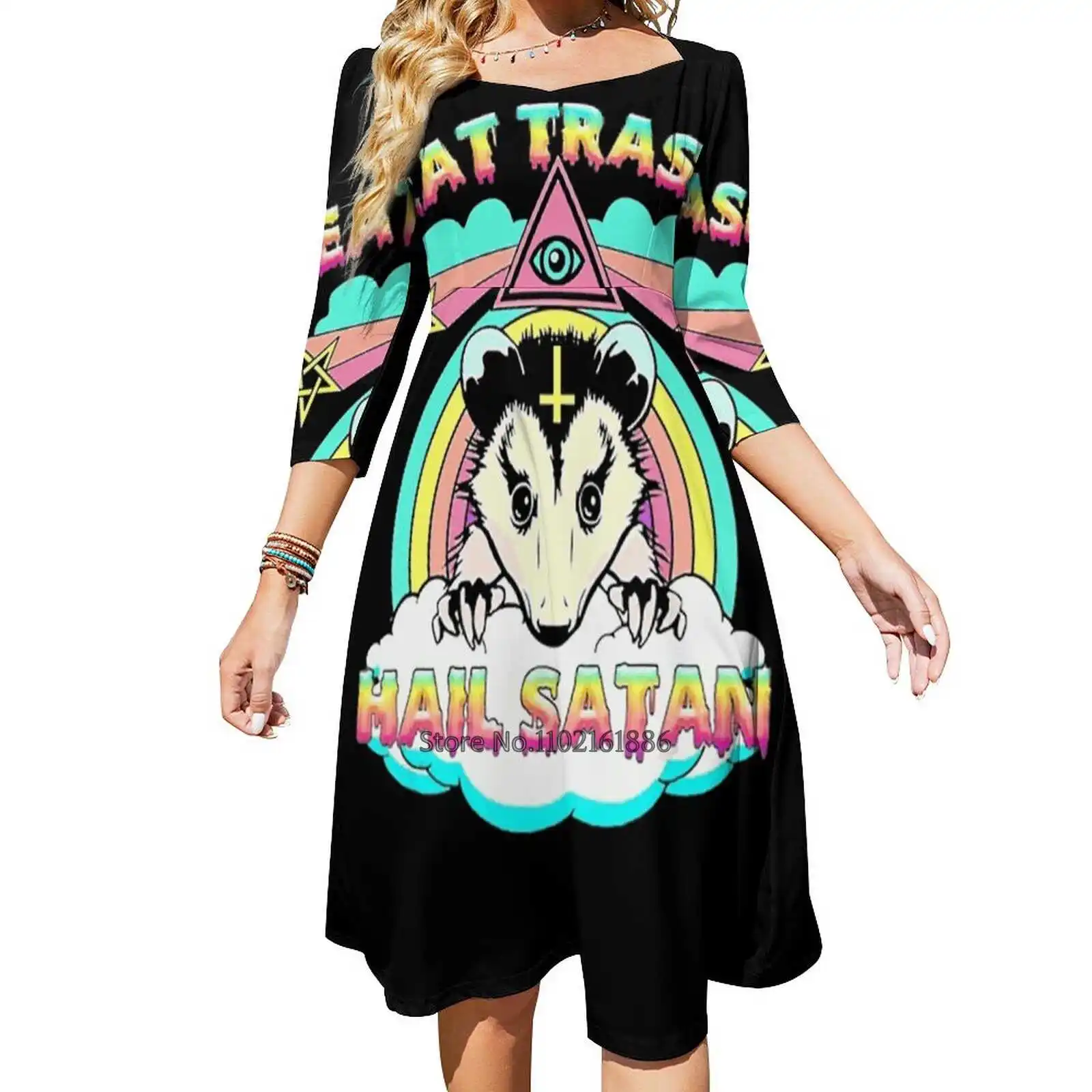 Eat Trash Hail Satan Raccoon Pentagram Satanic Garbage Gang Back Lacing Backless Dress Square Neck Dress Sweet Elegant Dress