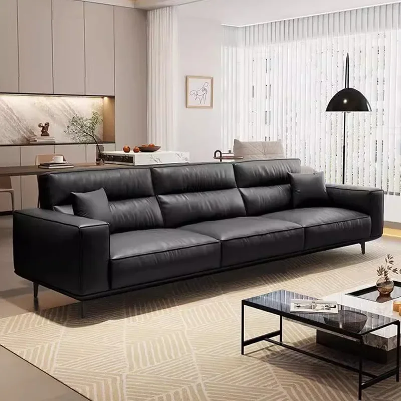 New tofu block leather  living room size apartment straight row three or four people high backrest first layer cowhide