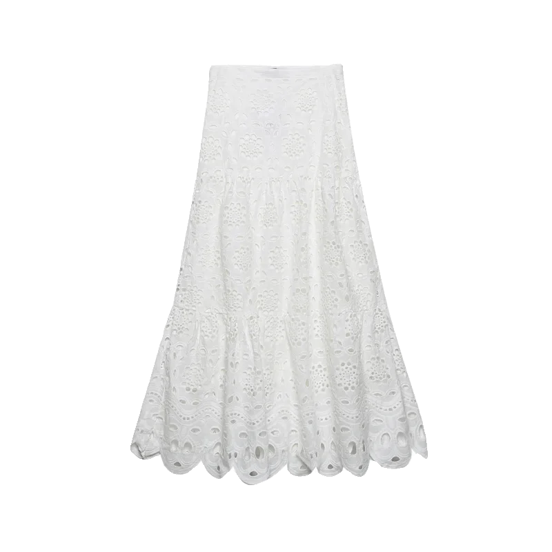 Vielseitiger, weiß bestickter, lässiger langer Rock für Damen, S420, mittellanger All-Match-F-Rock, Frühling 2024, Faion-Trend