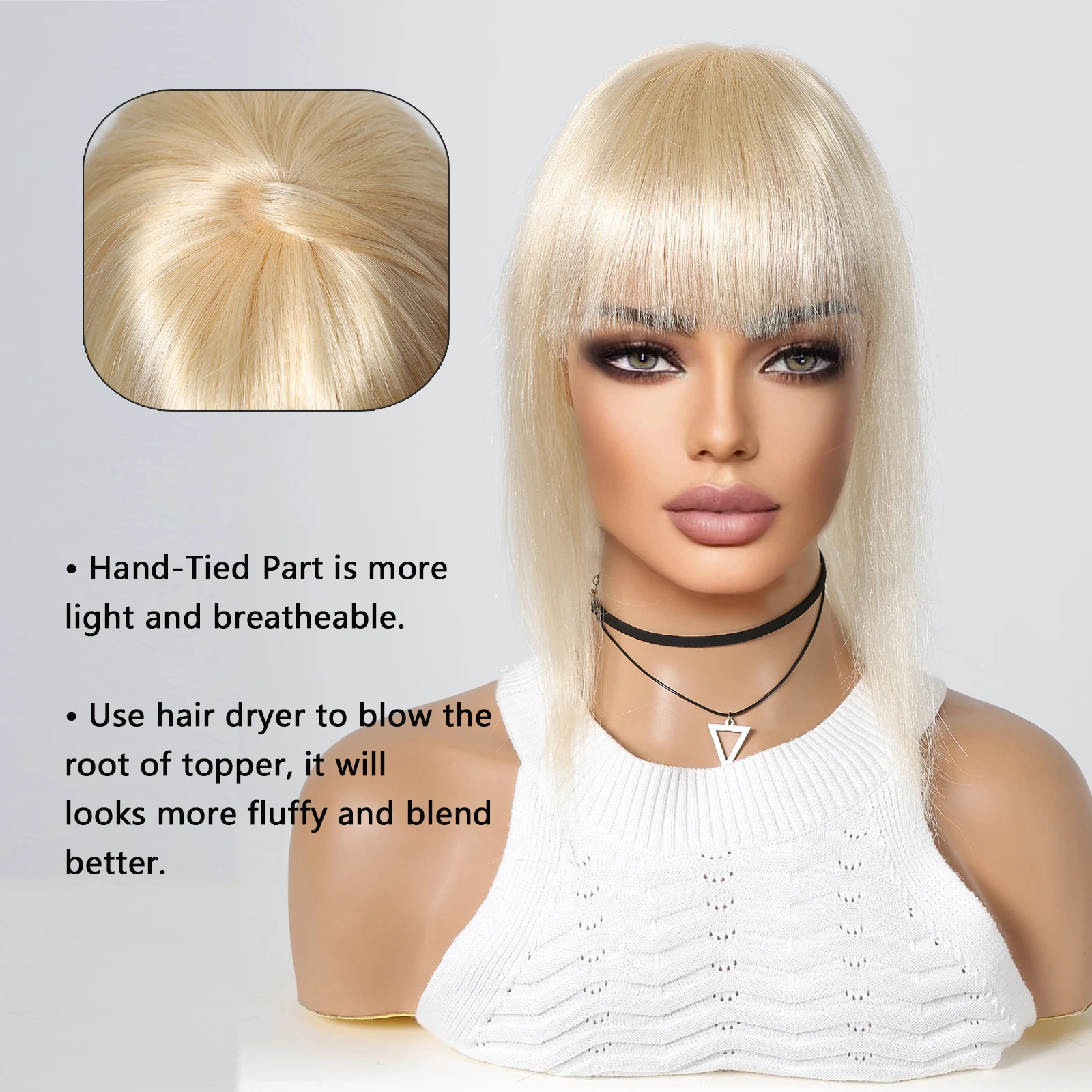 613# Blonde Human Hair Toppers For Women Silk Base Clips In Toppers With Fringe 12 Inch Straight Hair Piece for Thinning Hair