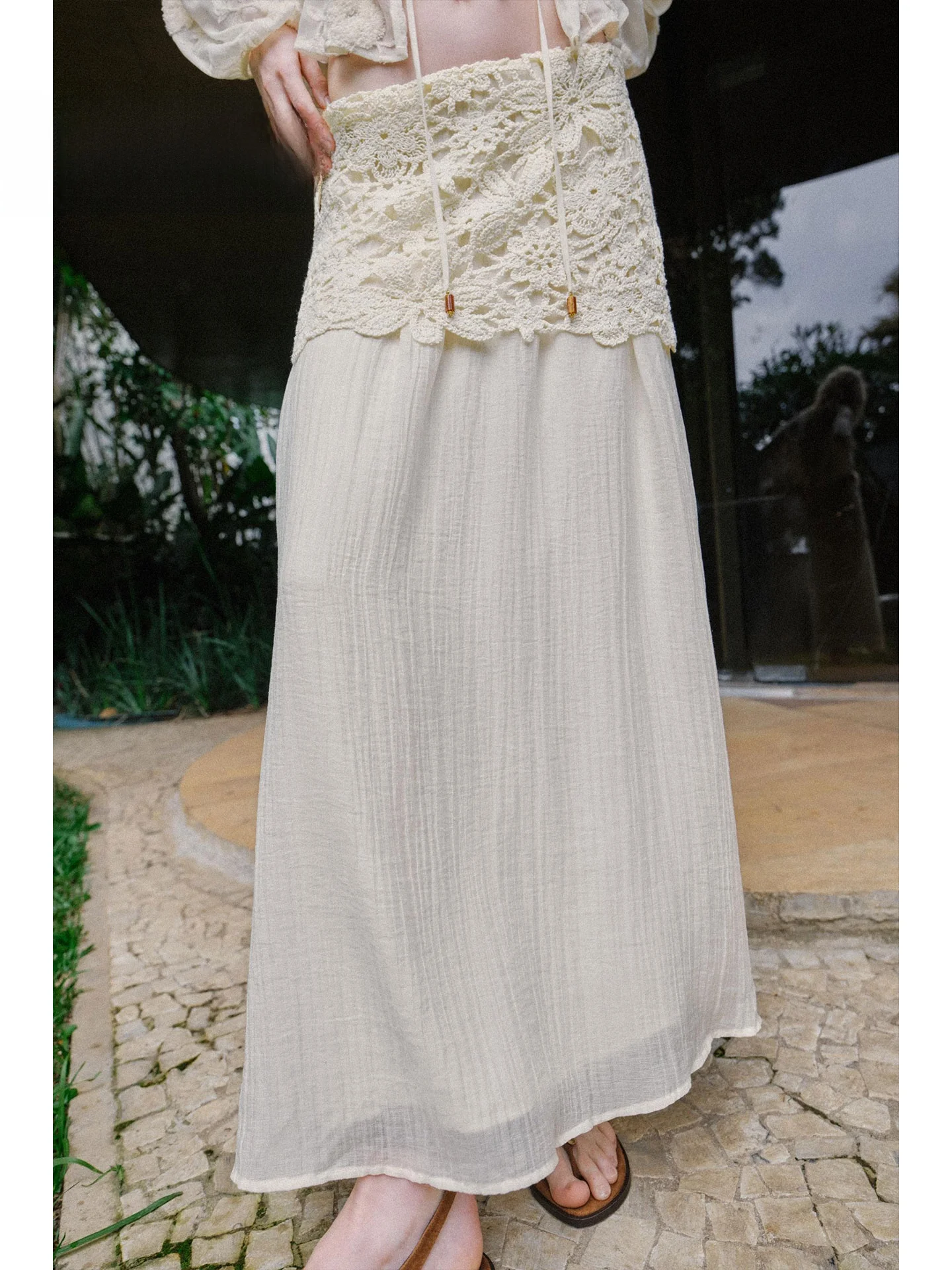 Summer 2026 Casual Hooked Floral Splicing A-Line Midi Skirt Elegant Ladylike Standard Fit Pleated Skirt for Women