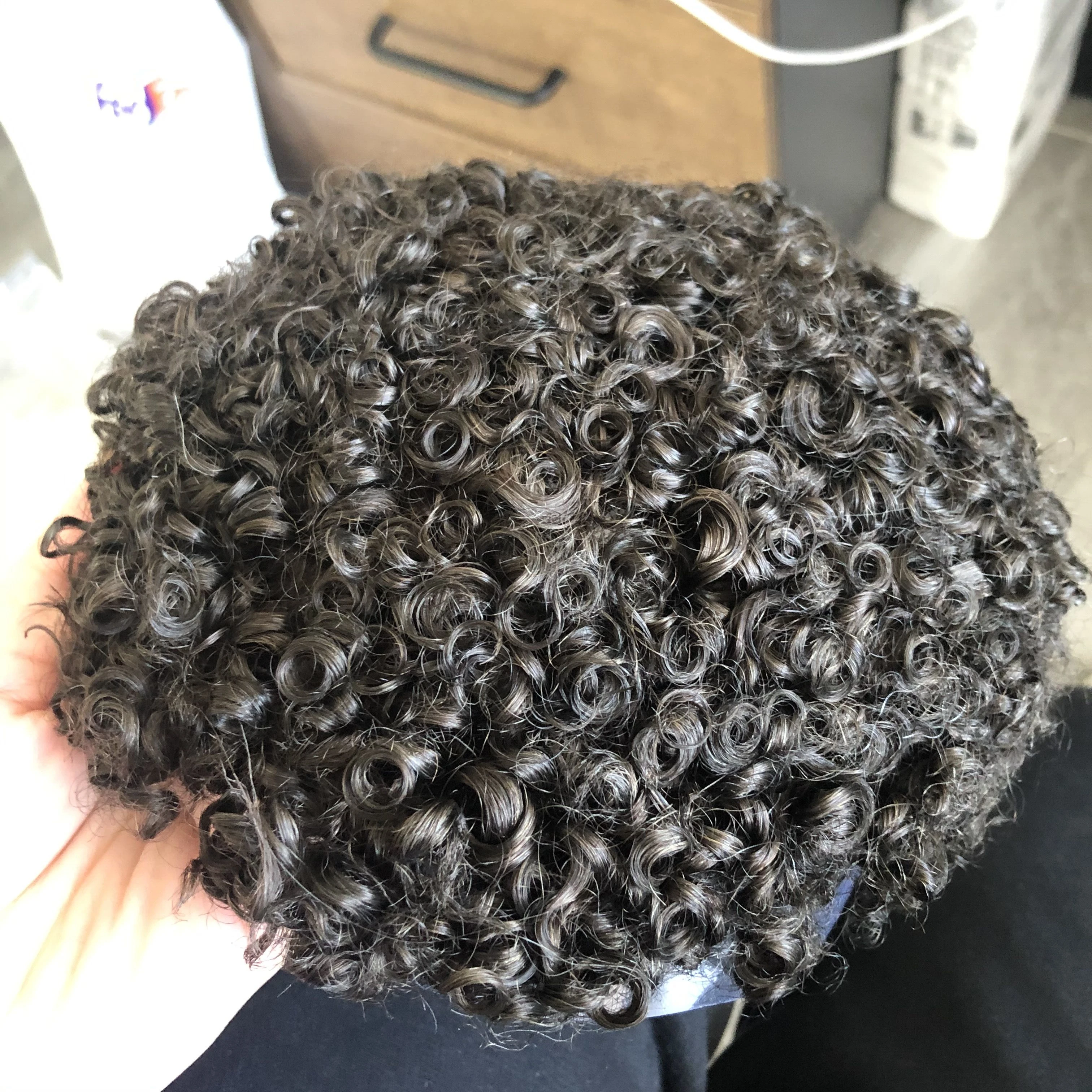 Respirável fino mono peças de cabelo humano sistema de prótese capilar afro preto homem natural linha fina durável 15mm encaracolado perucas marrons