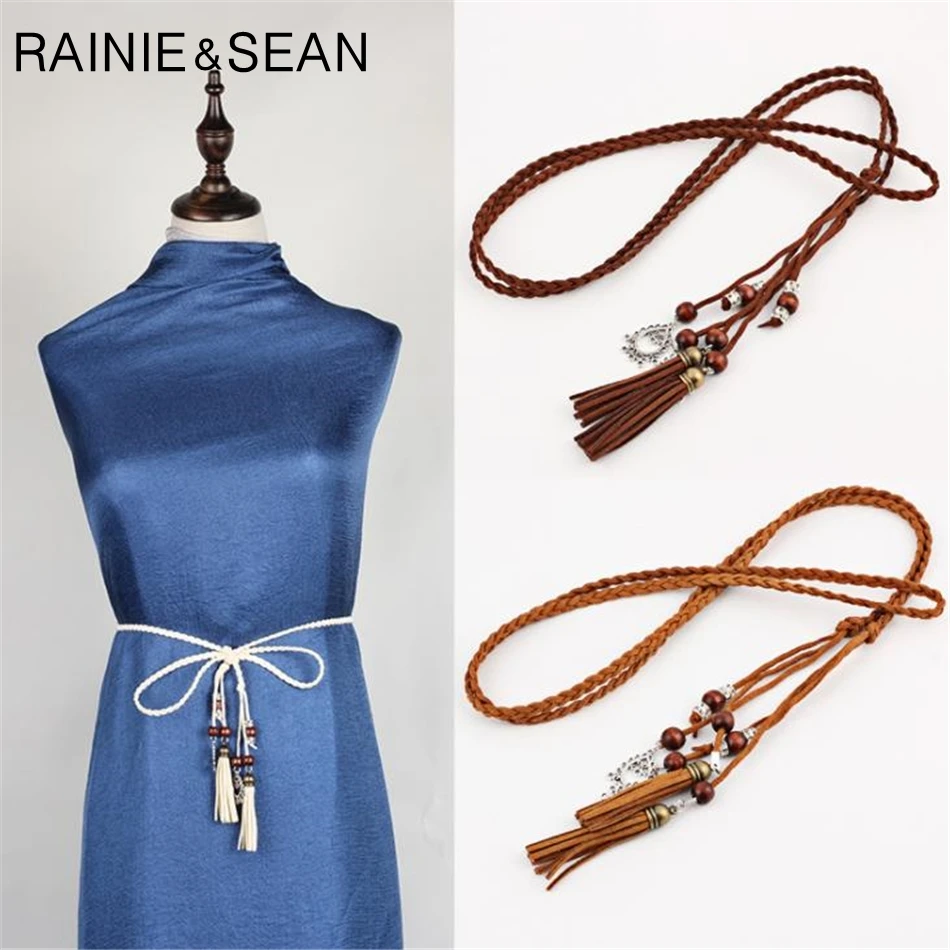 RAINIE SEAN Braided Belt For Women Pu Leather Ladies Belts For Dresses Tassel Beaded Boho Fashion Summer Belt Women 170cm