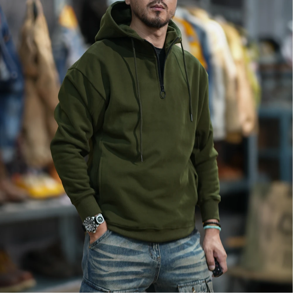 Hipster Autumn-winter heavy American retro hoodie men\'s hooded zipper thick loose pullover jacket