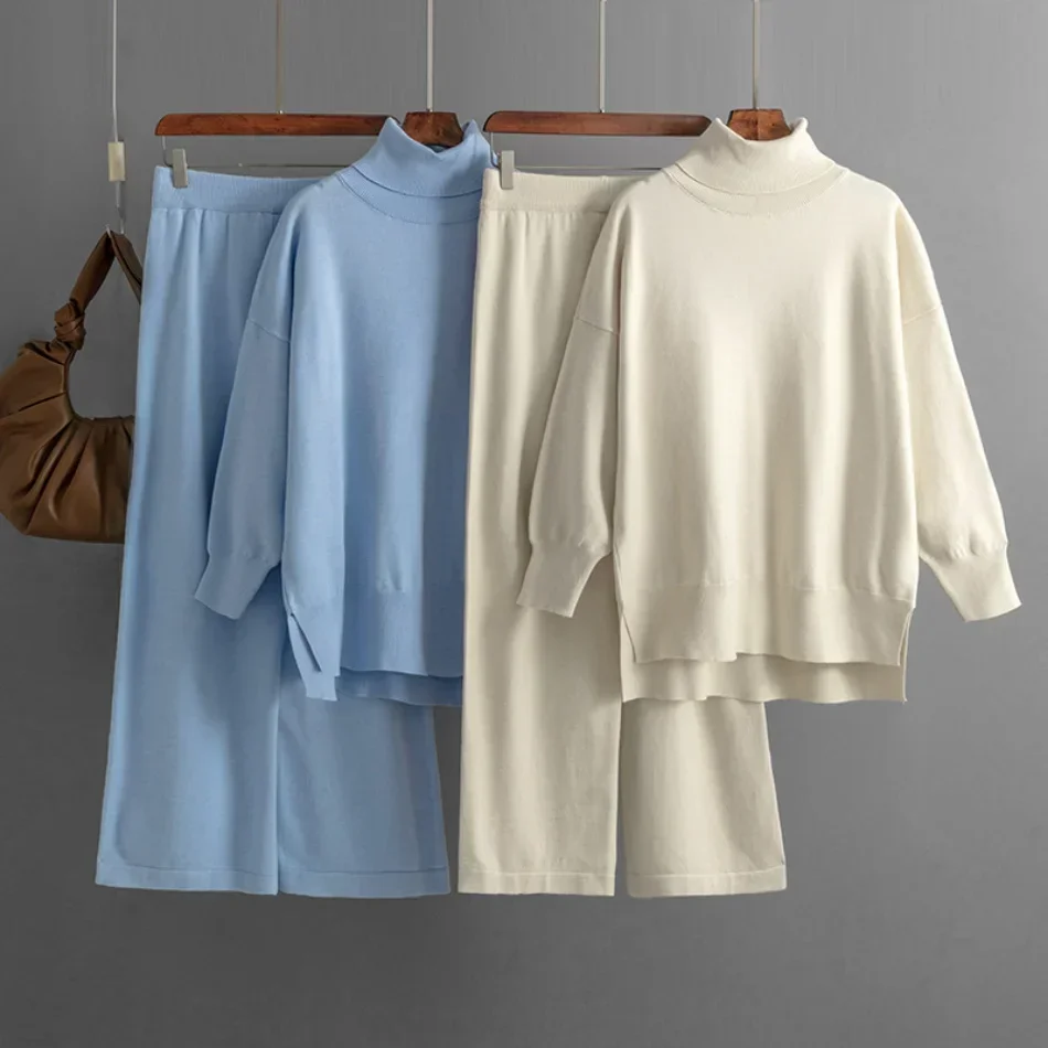 Women's Two Piece Set Autumn Winter High Collar Slit Knitted Sweater Pullover Fashion Casual Loose High Waist Pant Ensemble
