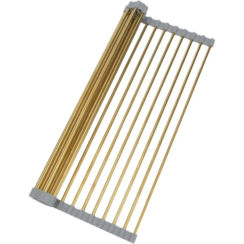 

Roll Up Dish Drying Rack, StainlSteel Dish Drainer Over The Sink with Anti-Slip Silicone or Kitchen Counter, Gold (17.8 x 15.7 i
