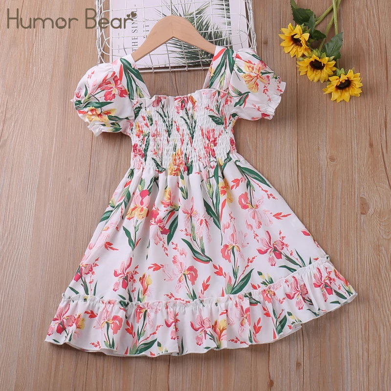 

Humor Bear Girls Summer Dress Square Neck Puff Sleeve Floarl Printed Princess Party Dresses Children Clothing For 2-6Y