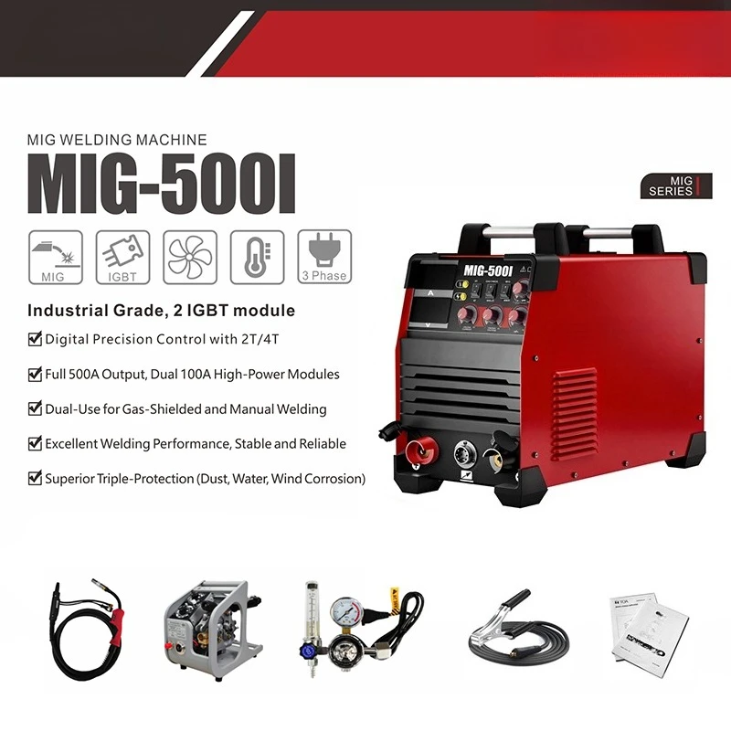 MIG-500I Industrial MIG/MMA Welder Dual IGBT Module 380V 21KVA Remote Wire Feeder 60% Cycle Stainless Steel New