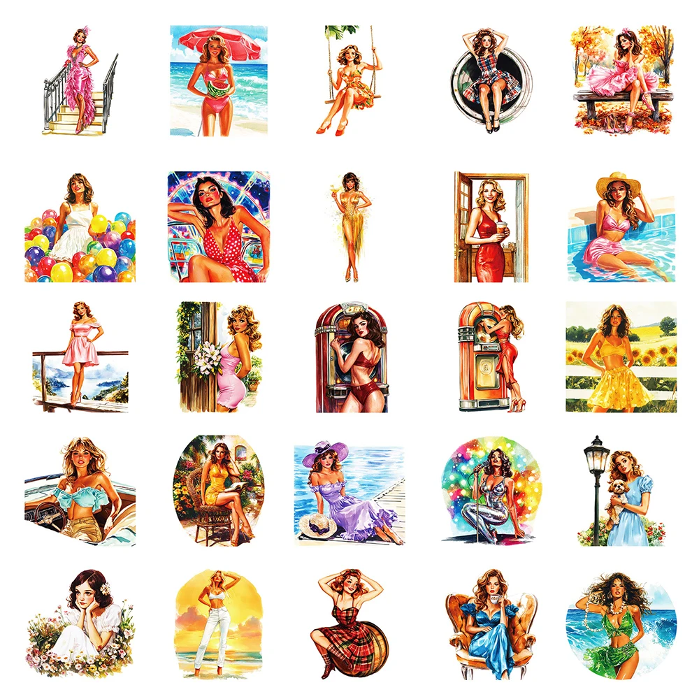 10/30/50pcs Vintage Summer Sexy Girl Stickers Retro Pin Up Girls Adult Sticker Motorcycle Luggage Laptop Phone Decals Decoration