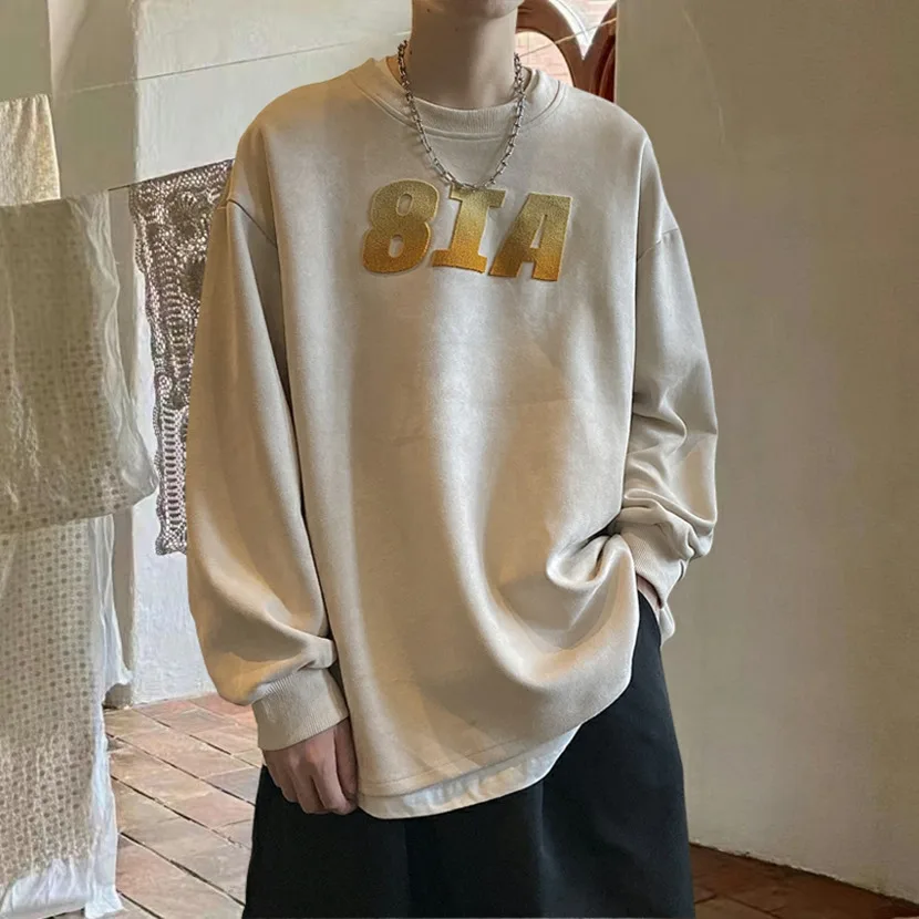 

Мужской свитшот из замши с круглым вырезом, с длинными рукавами, повседневный, весенне-осенний, плотный, модный топ, молодежная одежда для отдыха