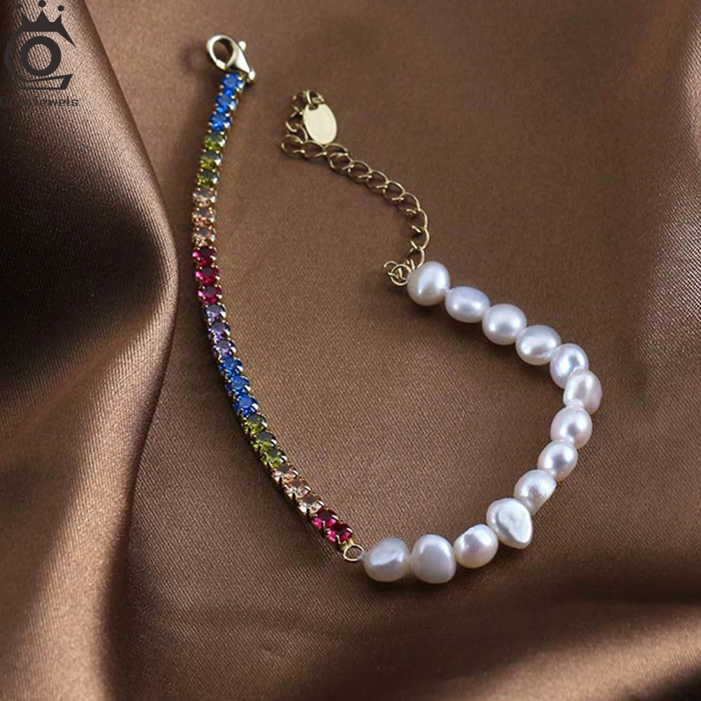 

ORSA JEWELS 925 Sterling Silver Colorful 3mm Tennis Bracelet White Fresh water Baroque Pearls Chain Bracelet Lobster Clasp GPB25