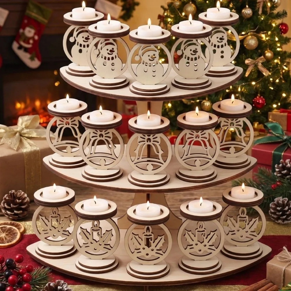 3Pcs Hollowed Out Wooden Christmas Candle Holder Bell Pattern Handmade Christmas Tea Light Holder Stable Base Rustic