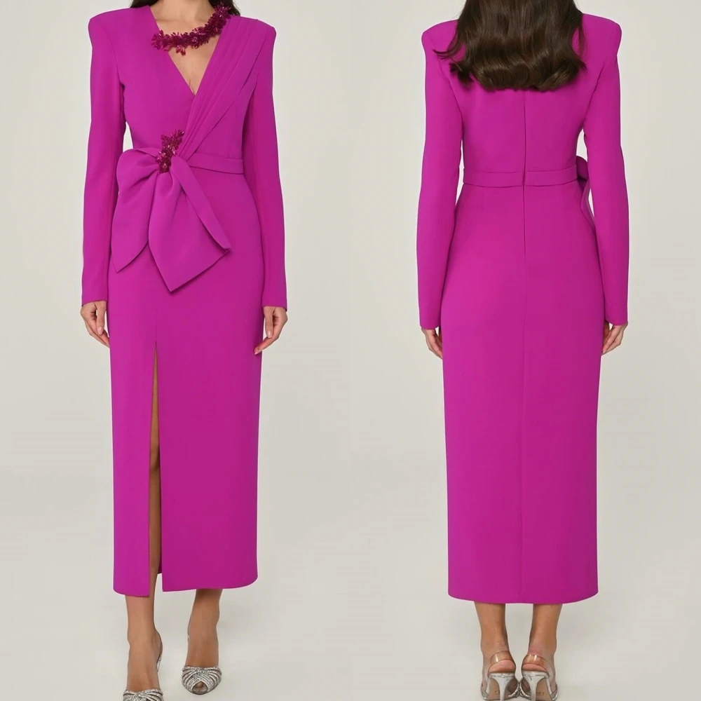 Customized Jersey Pleat Bow Prom Column V-Neck Bespoke Occasion Gown Midi Dresses