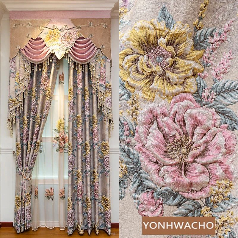 

Custom luxury villa thickened shading high precision jacquard beige cloth blackout curtain tulle valance drape C1602