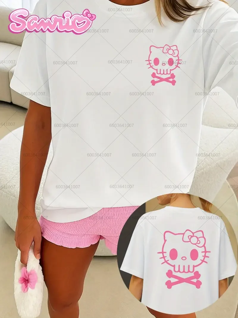 산리오 헬로키티 티셔츠 여성 남성용 면 O넥 탑 티 커플 오버사이즈 캐주얼 선물 여름 반팔 트렌드 양면
