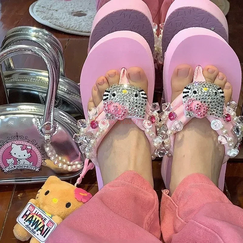 Sanrio Y2k Hello Kitty Soft Flip Flop Sandals Beach Slides Shoes Women Cute Casual High Platform Slipper Ladies Summer Slippers