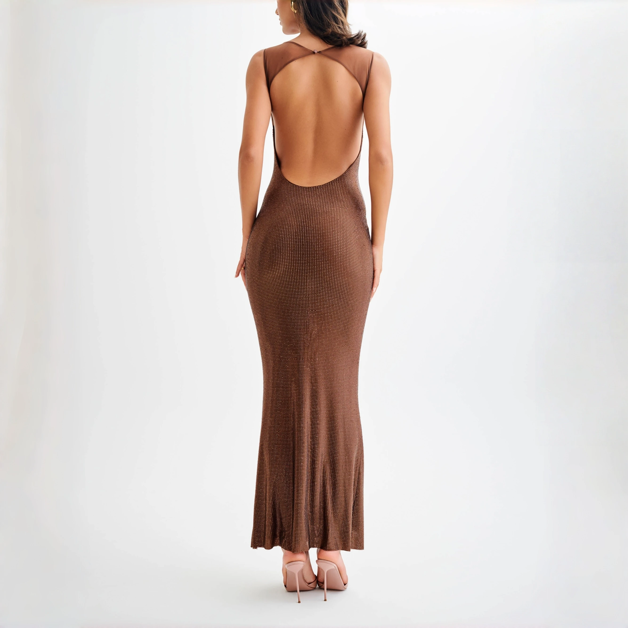 Sexy Square Collar Mesh Patchwork Diamonds Long Dress Women Backless Shiny Rhinestone Slim Dresses Evening Party Cocktail Gowns