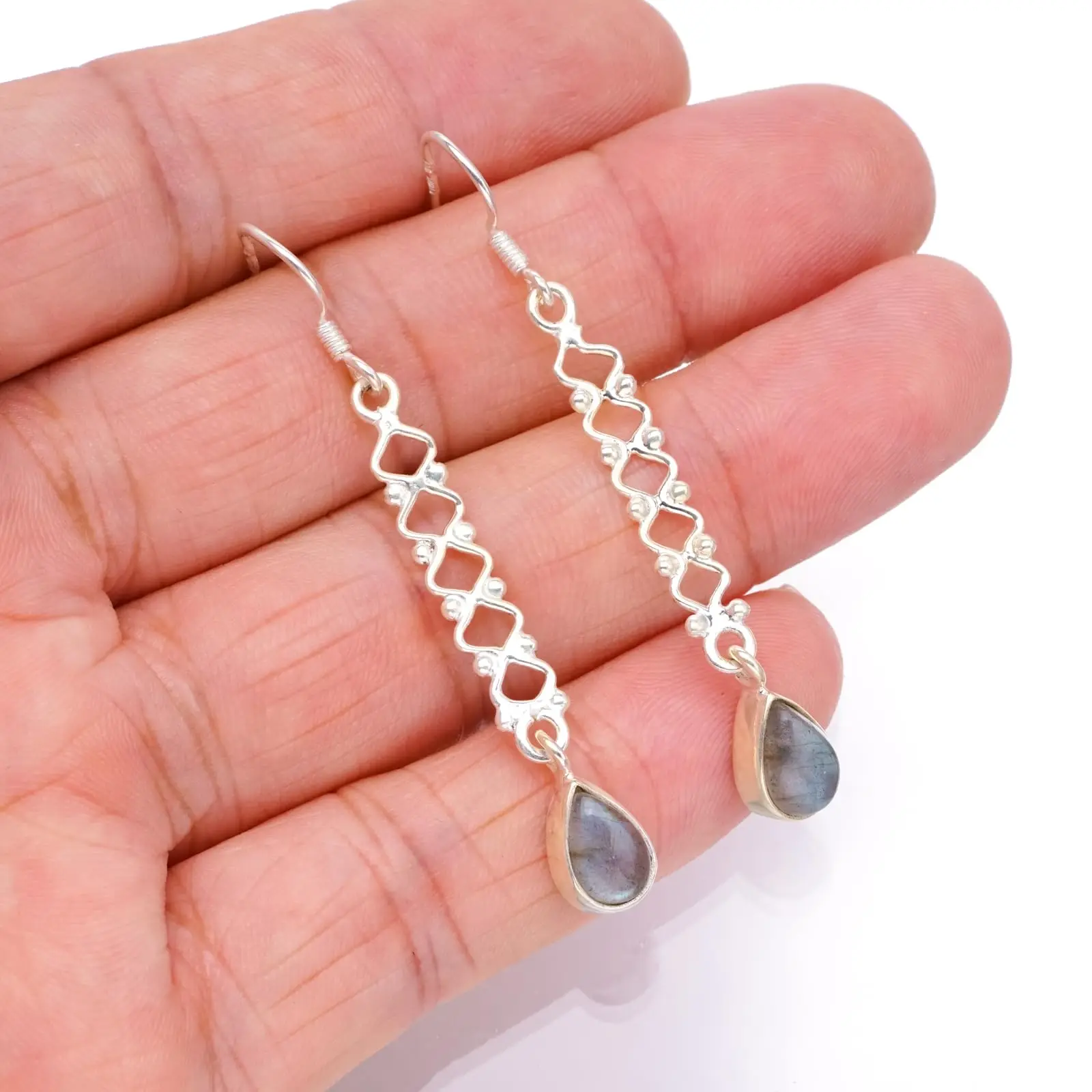 

StarGems® Natural Blue Fire Labradorite Punk Style 925 Sterling Silver Earrings 2" S1464