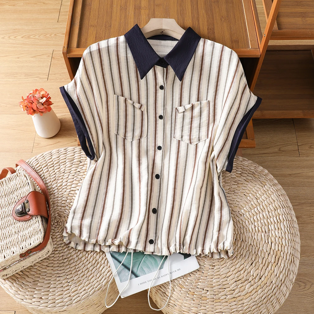 

Stylish Short Sleeve Striped T-Shirt Open Cardigan Loose Fit Summer Fashion for Middle-Aged Women Large Size Casual Commute
