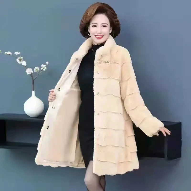 High-end New Mink Fur Coat Women Autumn Winter Thick Warm Long Fur Overcoat Middle Aged Mother Soft Imitation Mink Fur Jacket