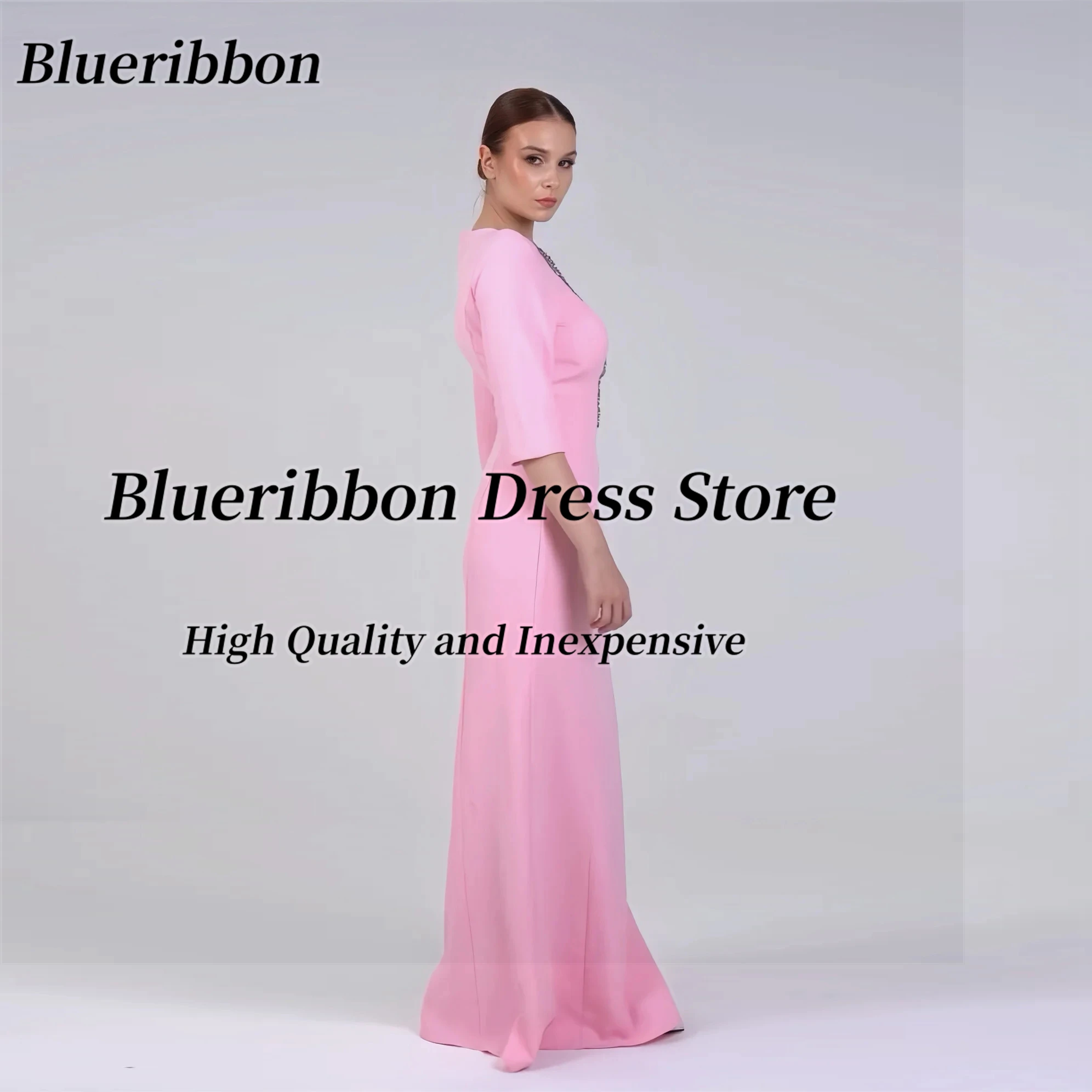 Blueribbon Pink Satin Floor Length Sheath Prom Dresses Customized Beaded O-Neck Half Sleeves Evening Dress Saudi Party Gowns