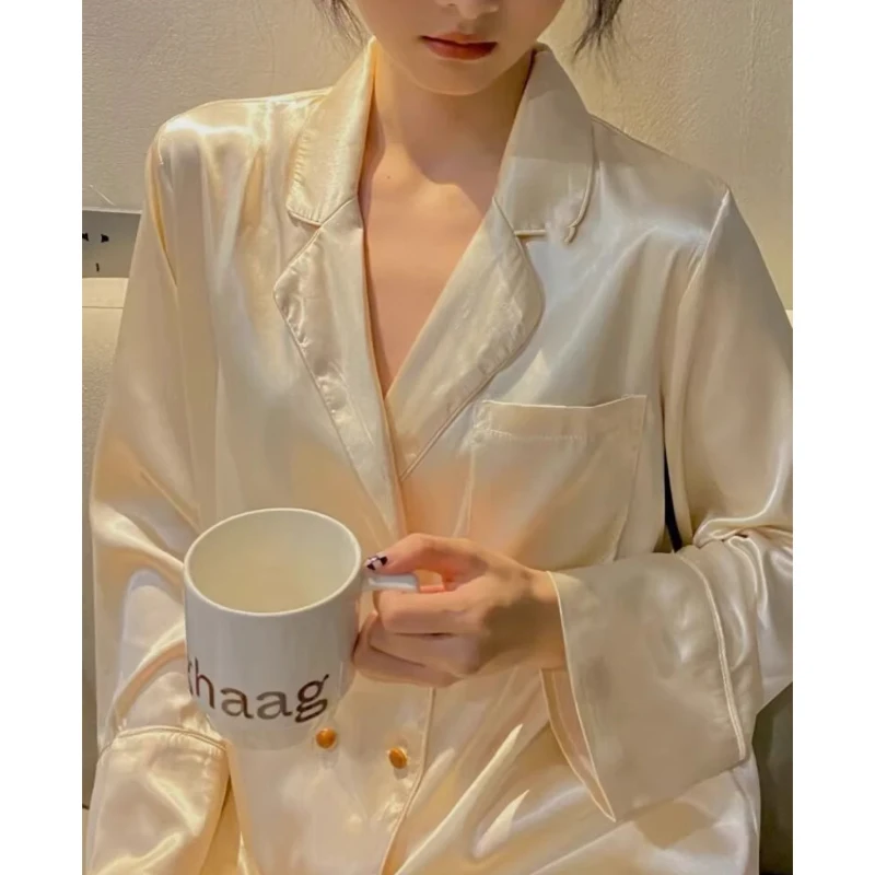 Autumn New Temperament Double-breasted Pajama Sets Ice Silk Soft Pajamas for Women Fallow Solid Color Womens 2 Piece Outfit Set