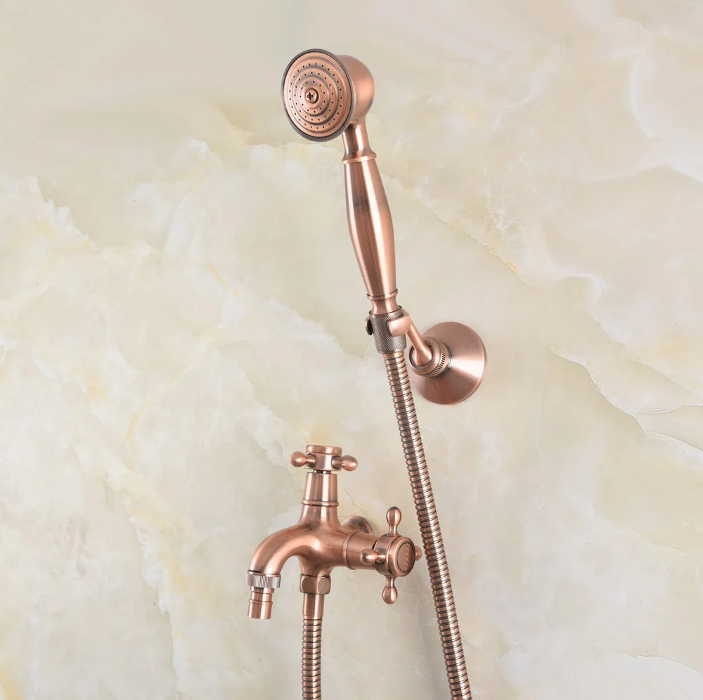 Antique Red Copper Two Handles Cold Faucet wall mounted Laundry bathroom Garden Washing Machine Water Tap with Handshower aav504