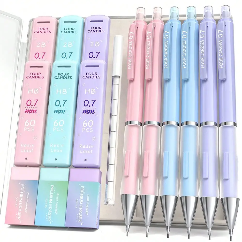 

0.7mm Mechanical Pencil Set Cute Pencils With 360PCS HB 2B Lead Refills, 3PCS Pastel Erasers And 9PCS Eraser Refills, Aesthetic
