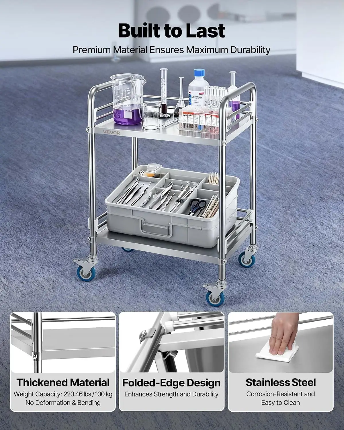 Stainless Steel Rolling Cart, 2-Tier Metal Utility Cart with Lockable Wheels, Medical Serving Trolley Clinic Tray, Mobile Servic