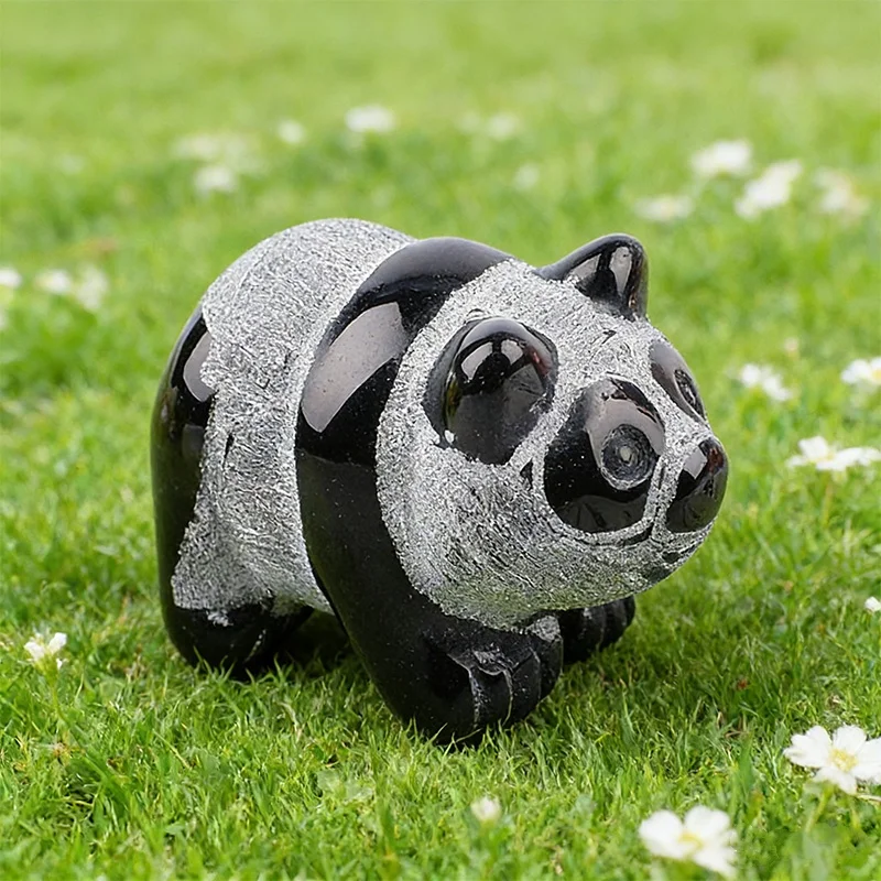 Natural Obsidian Panda Carving Cute Crystal Panda Animal Figurine Hand Carved Stone Home Decor Reiki Healing Crystal Ornament