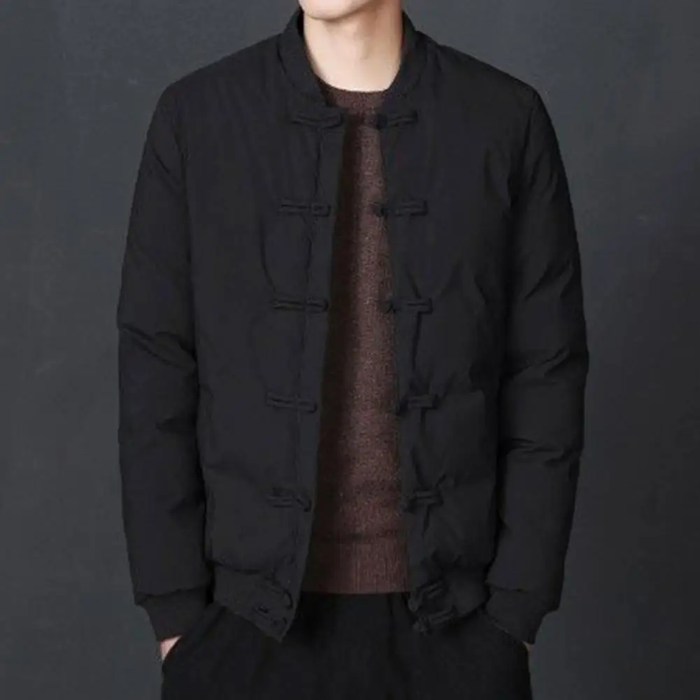 Stand-up Collar Jacket Men Fall Jacket Chinese Style Mid-aged Men's Winter Coat with Stand Collar Knot Buttons Thick Smooth