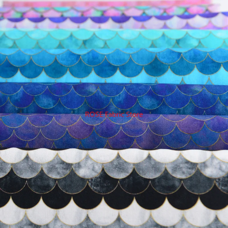 1 yard Fish Scale Pattern Pure Cotton Fabric Digital Printed Plain Weave Cloth For Dress Children's Clothing Diy Sewing
