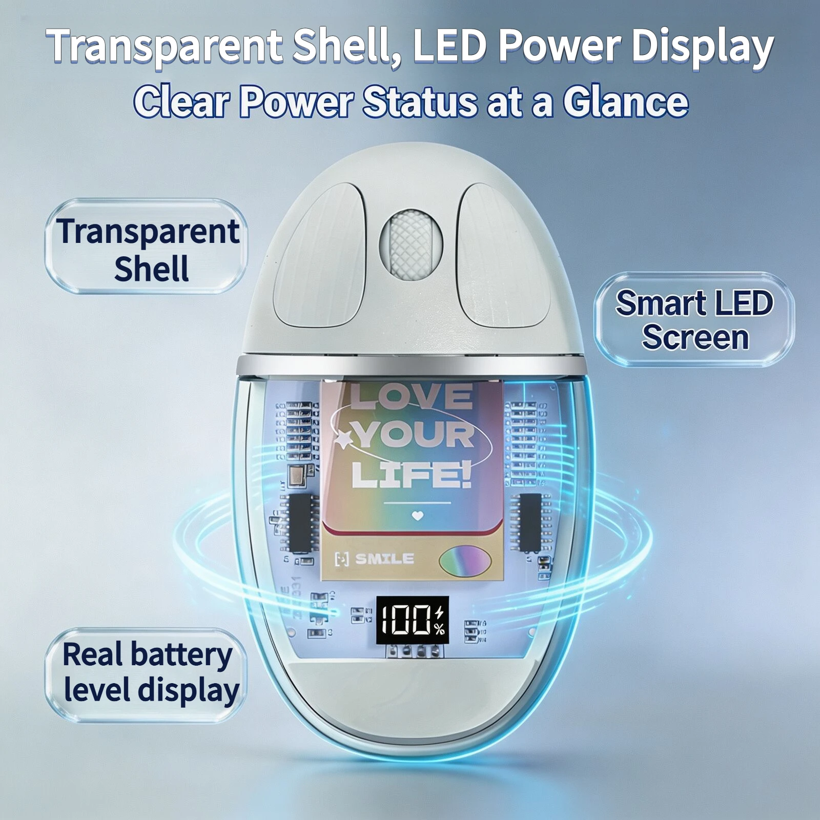 Crystal Transparent Wireless Mouse Dual Bluetooth 2.4G Connection LED Power Display RGB Gradient Backlight Silent Click Mice