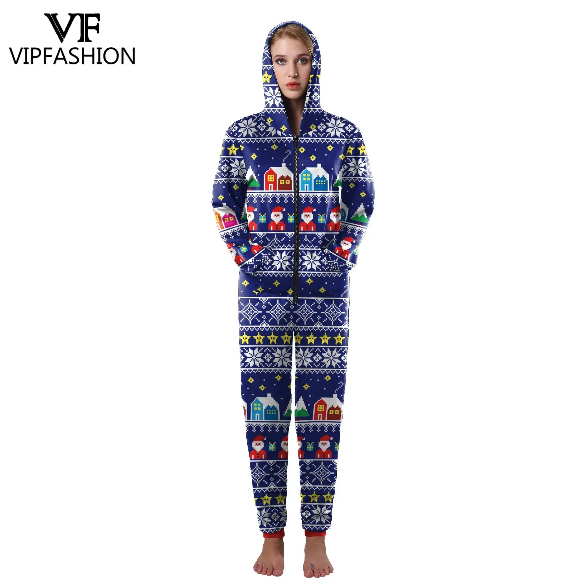 VIP FASHION Christmas Pajamas 3D Printed Hooded Jumpsuit Woman Man Long Sleeve Sleepwear Loungewear Xmas Party Cosplay Costume